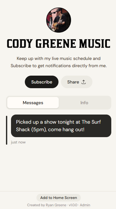 Cody Greene Music on a phone, with a message about a show at The Surf Shack.