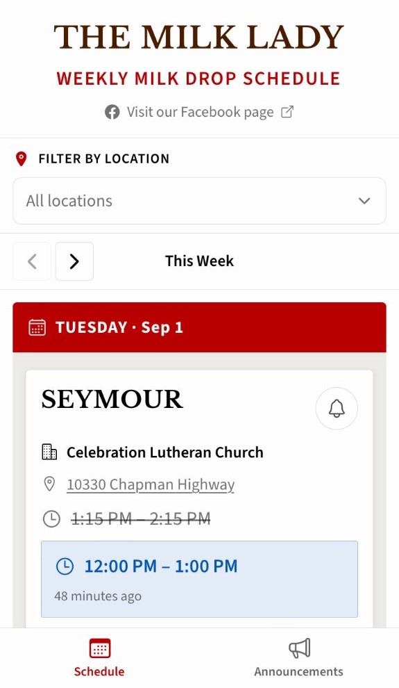 The Milk Lady weekly schedule on a phone, showing a Seymour stop at Celebration Lutheran Church.